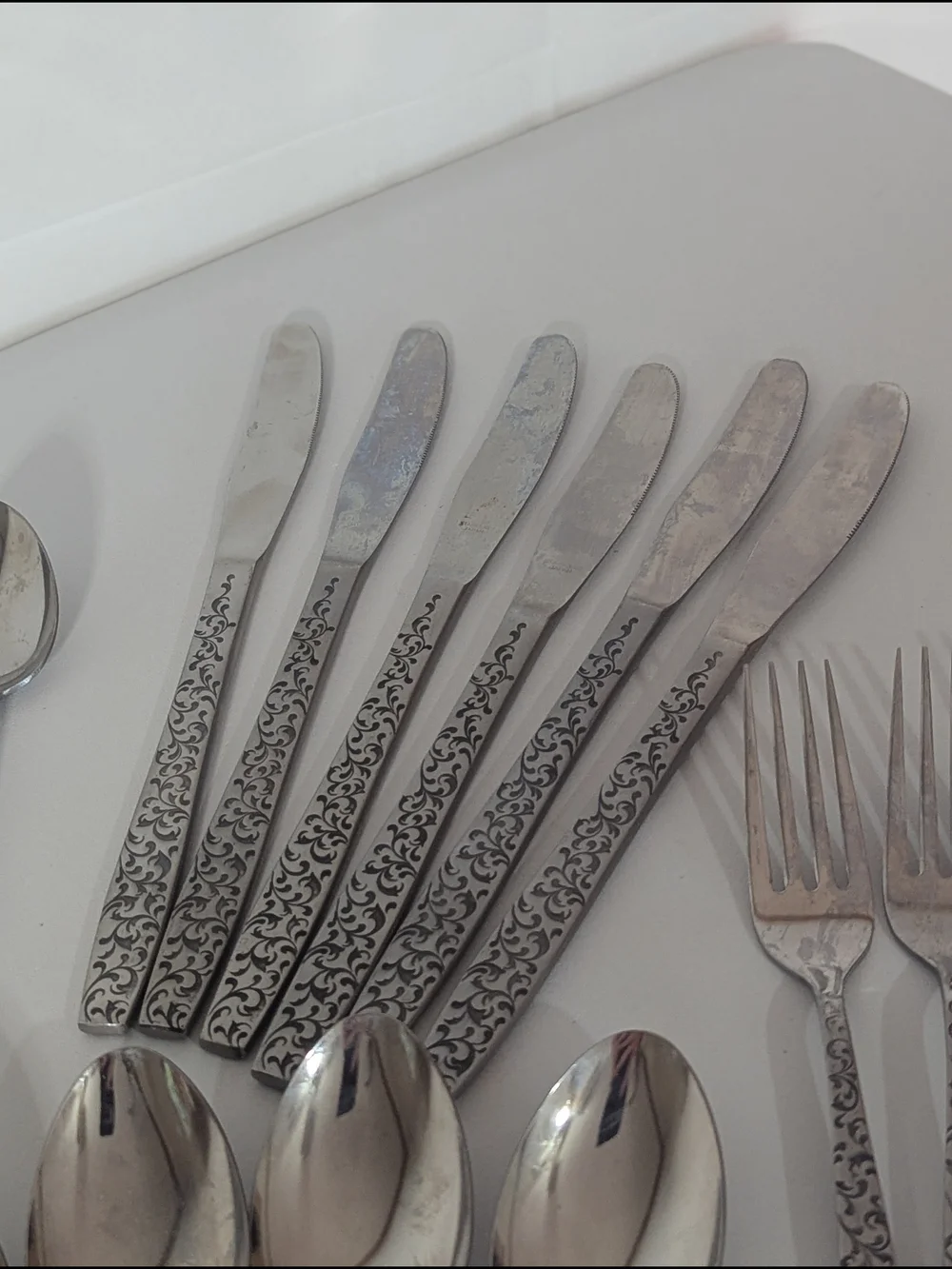 Vintage Corsican Stainless Steel Japan Flatware Set 36 Pc Floral Scroll MCM